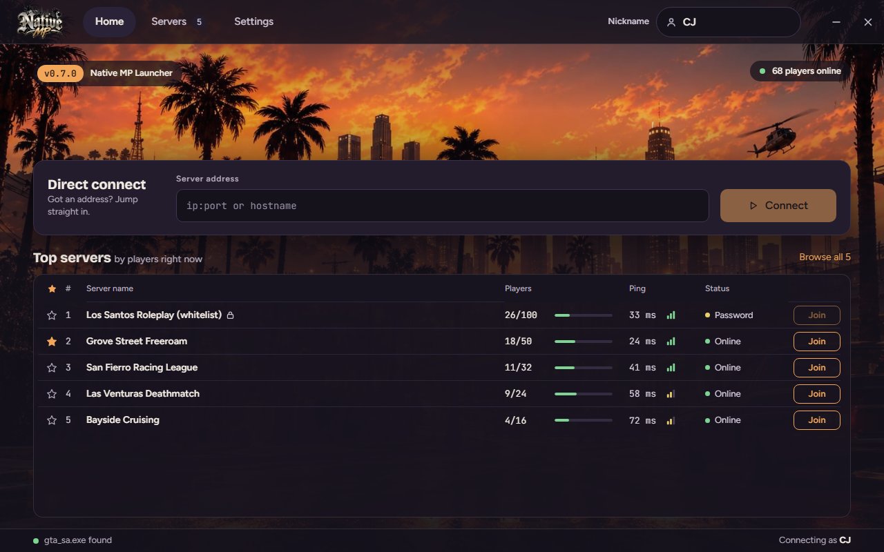 The Native MP launcher: direct connect by address and the top servers by players, with ping and status